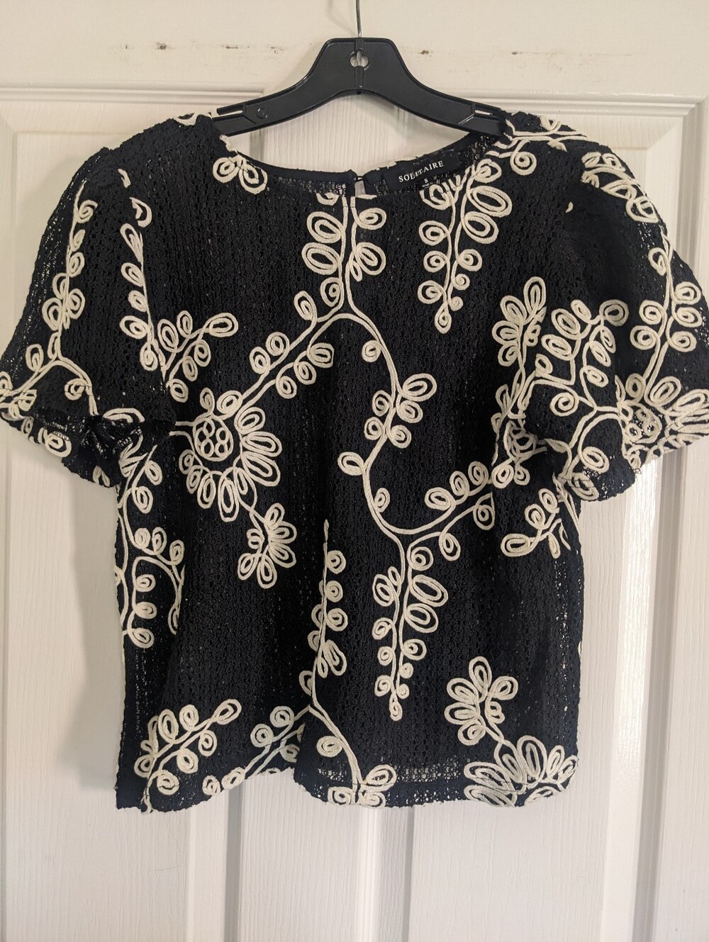 Solitaire Black Mesh Top with Cream Floral Embroidery